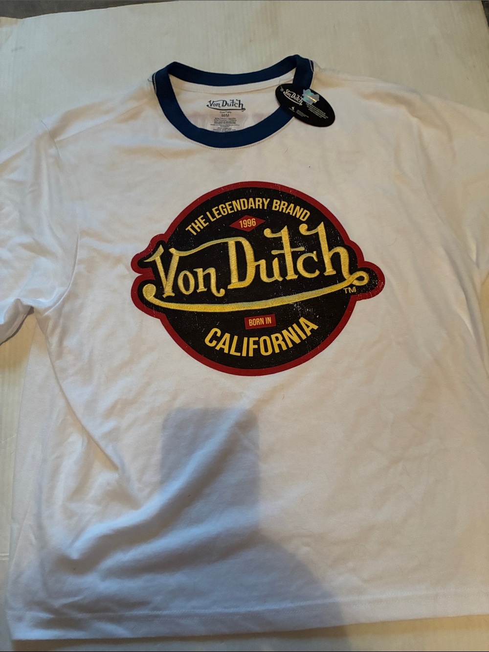 Von Dutch White Short-Sleeve Logo Ringer Tee with Navy Collar NWT